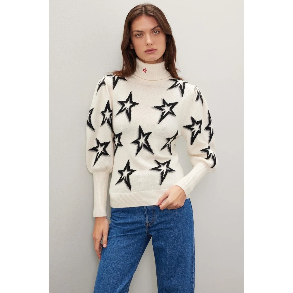 Perfect Moment Star Merino Wool Turtleneck Sweater White Black Medium